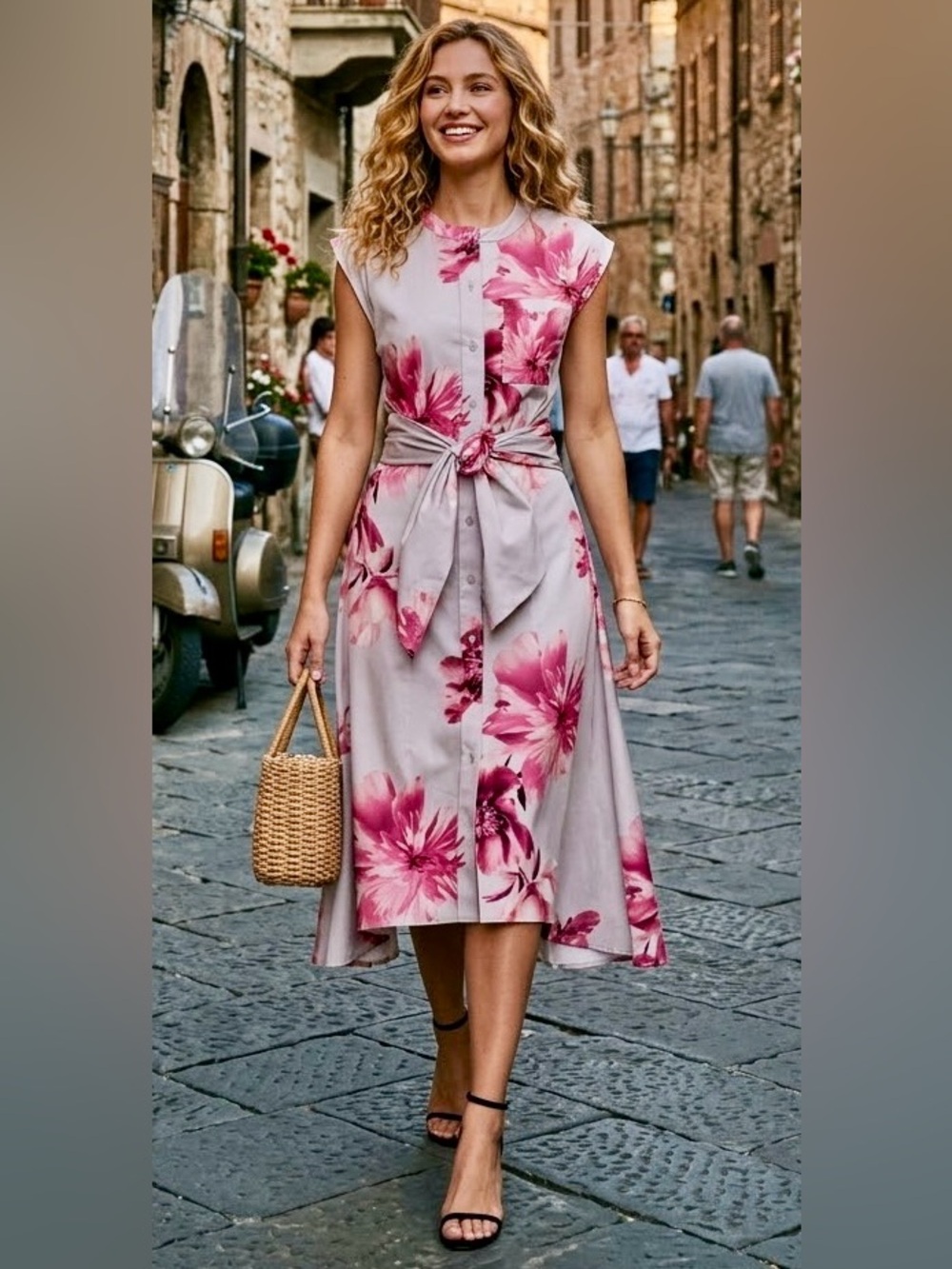 Donna Karan Pink Floral Tie-Waist Midi Dress on Gray